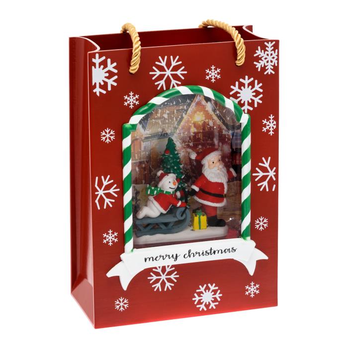 Borsa natalizia luminosa rossa con effetto palla di neve - Babbo Natale