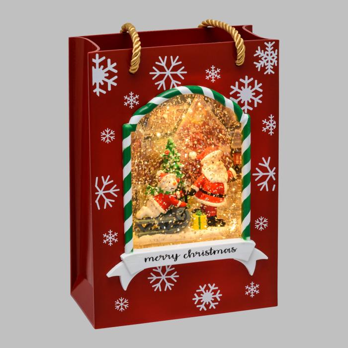 Borsa natalizia luminosa rossa con effetto palla di neve - Babbo Natale