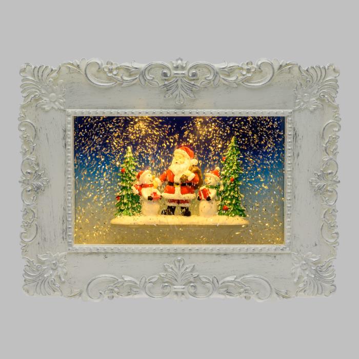 Quadro natalizio luminoso bianco con effetto palla di neve - Babbo Natale