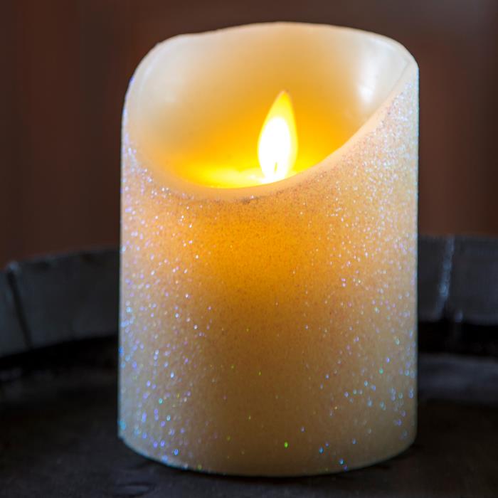 Candela a batteria con fiamma a Led 10 cm - Glitter Avorio