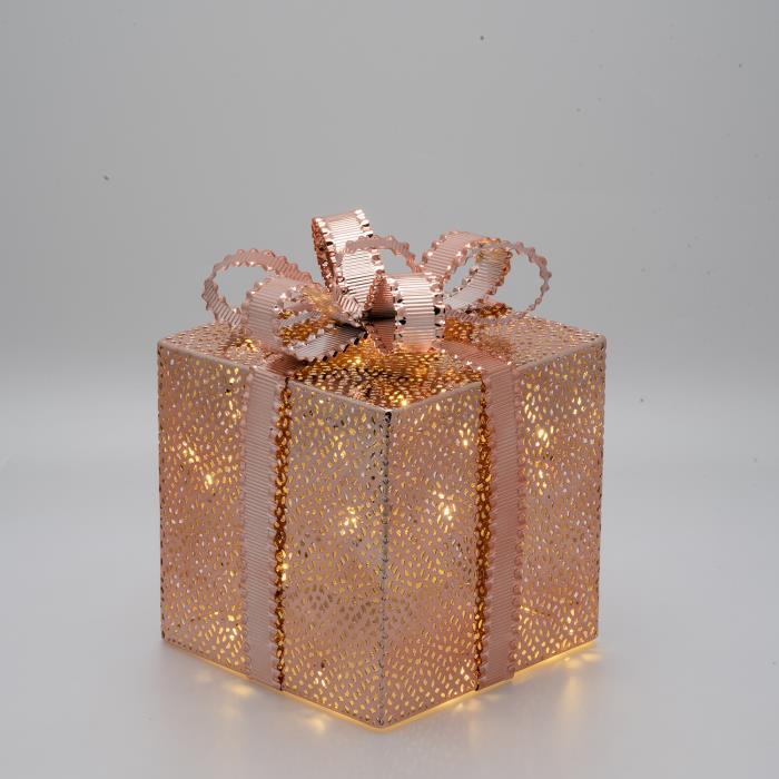 Pacco regalo natalizio luminoso in metallo color rame con timer on/off
