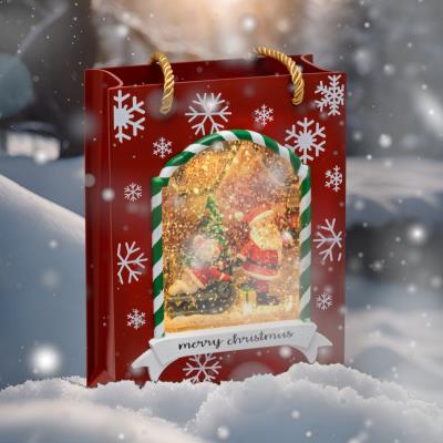 Borsa natalizia luminosa rossa con effetto palla di neve - Babbo Natale